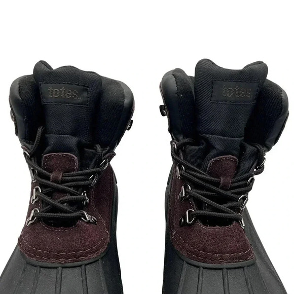 Totes Mens 9M Burgundy & Black Leather Snow Boots Rubber Soles Waterproof Shell - Picture 4 of 14